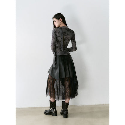 Via Pitti Irregular Lace Patchwork Leather Skirt Black