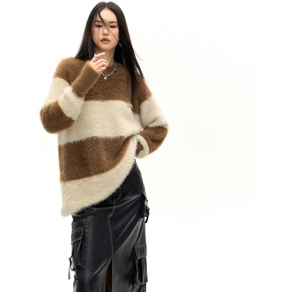 NotAwear Two-Way Zipper Off-Shoulder Faux Mink Sweater Brown