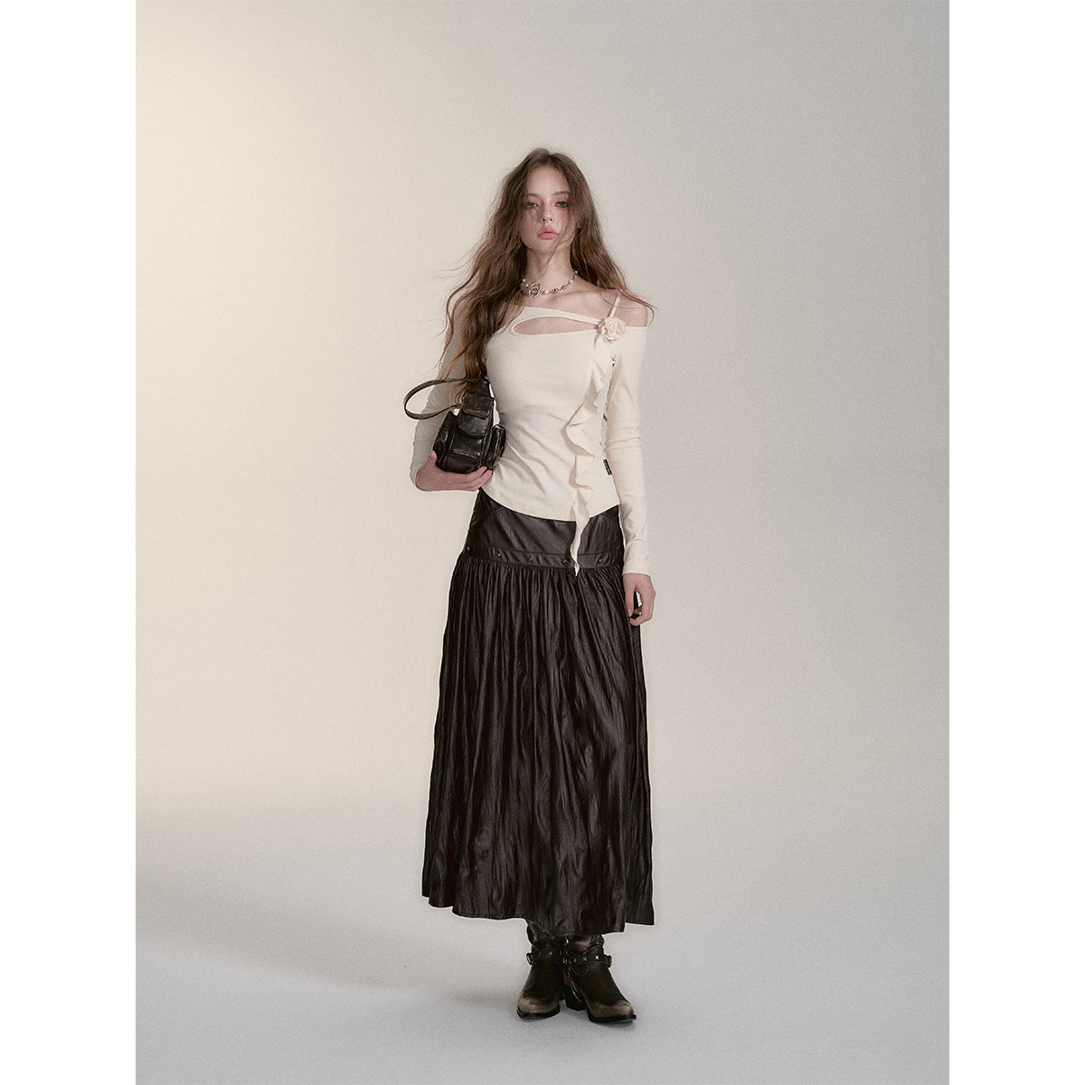 Via Pitti Rivet PU Leather Pleated Long Skirt Brown