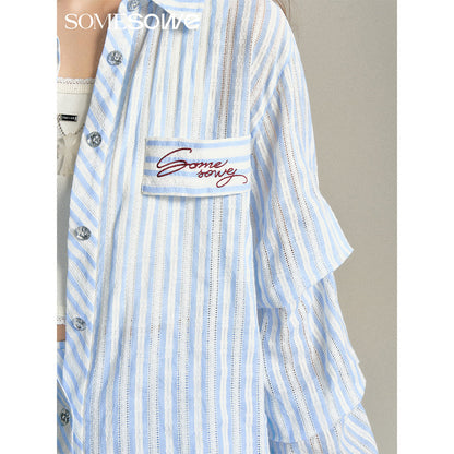 SomeSowe Lace Striped Pleated Sleeve Shirt