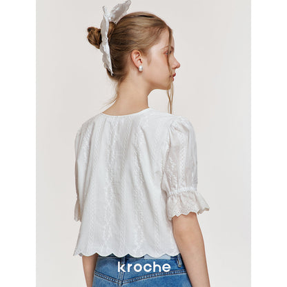 Kroche Lace Bow Lace Up Shirt Top White