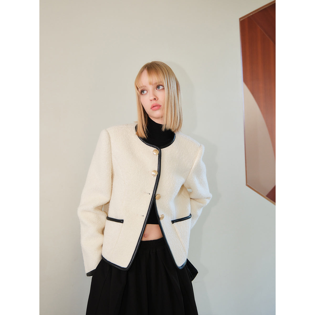 Three Quarters Color Blocked Woolen Structural Jacket White