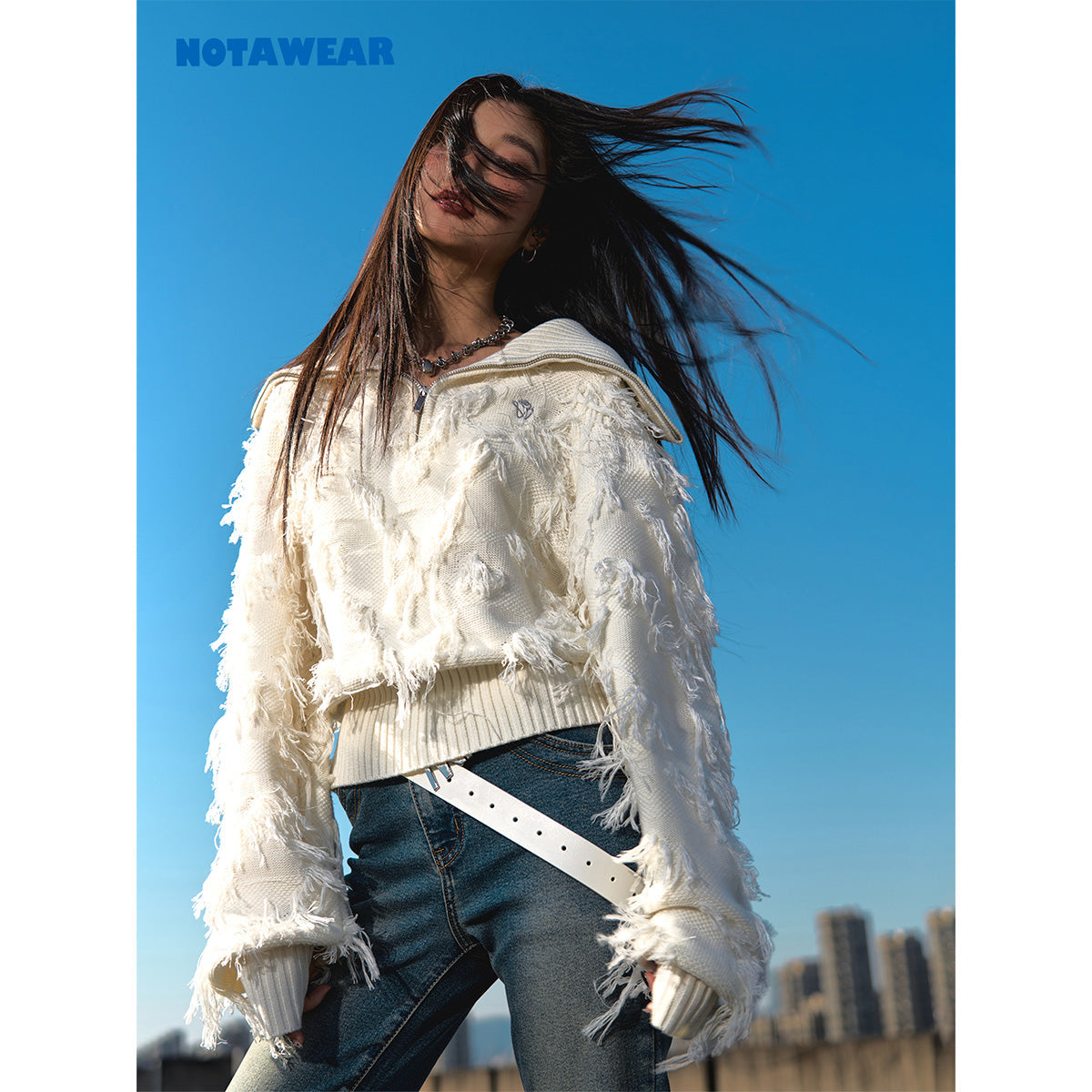 NotAwear Tassel Lapel Half-Zip Knit Sweater Cream