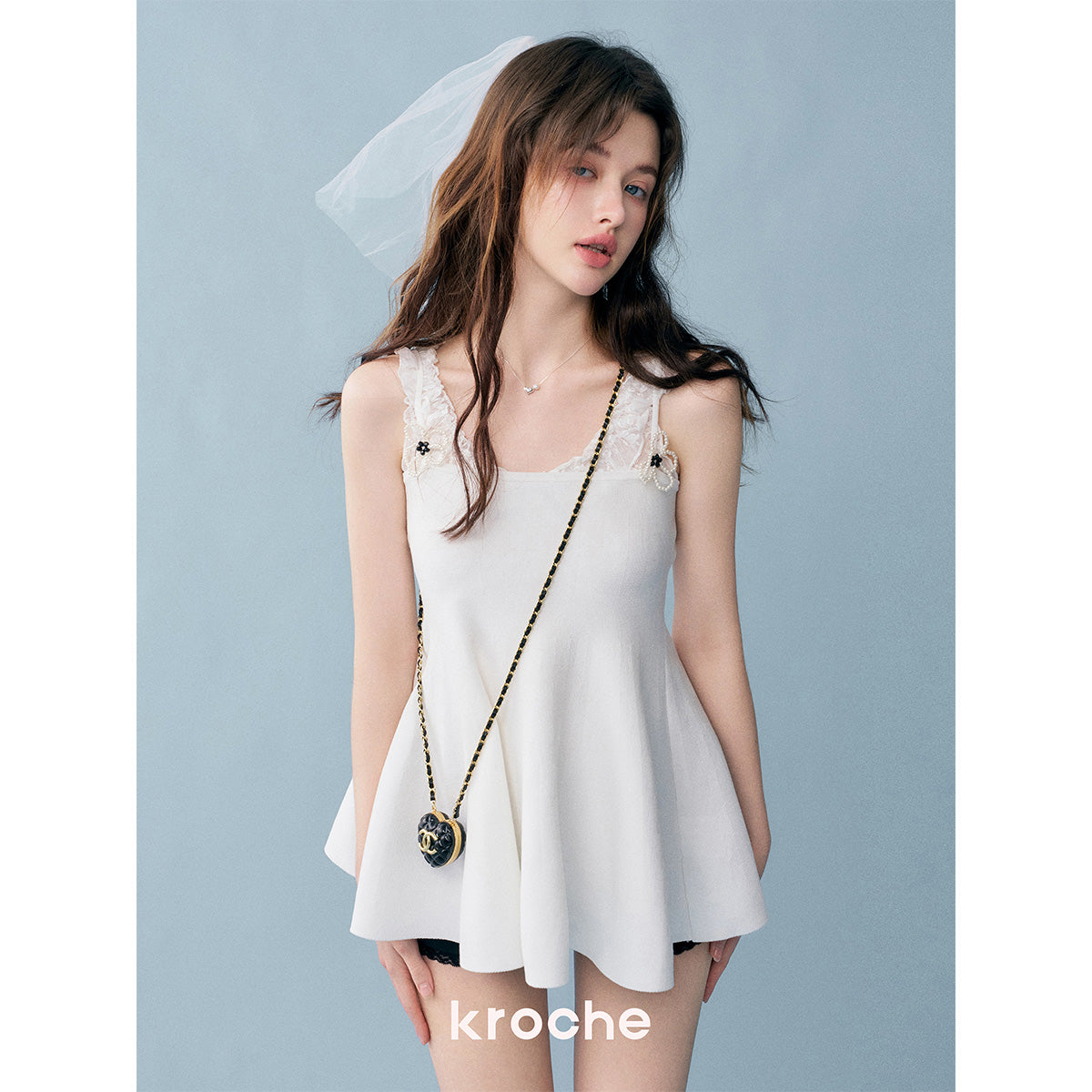 Kroche Pearl Flower Knitted Sling Vest Top