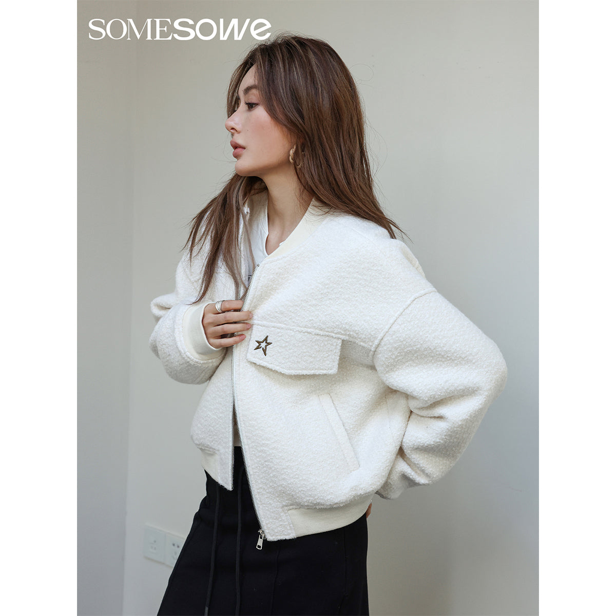 SomeSowe Star Embroidery Loop Woolen Jacket White