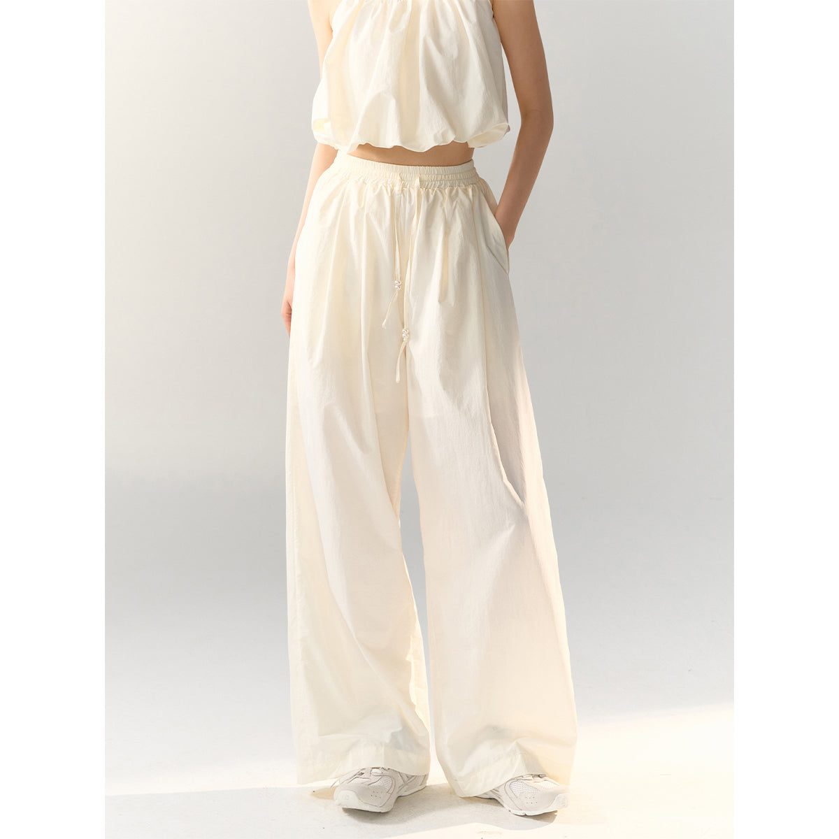 AsGony High Waist Drawstring Wide Leg Pants Beige