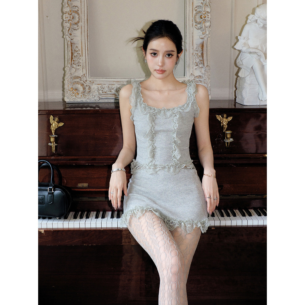 MeliMosa Lace Knit Sleeveless Vest And Skirt Set Gray