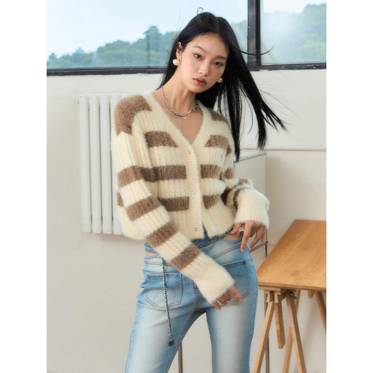 NotAwear Color Blocked Striped Knit Cardigan Brown