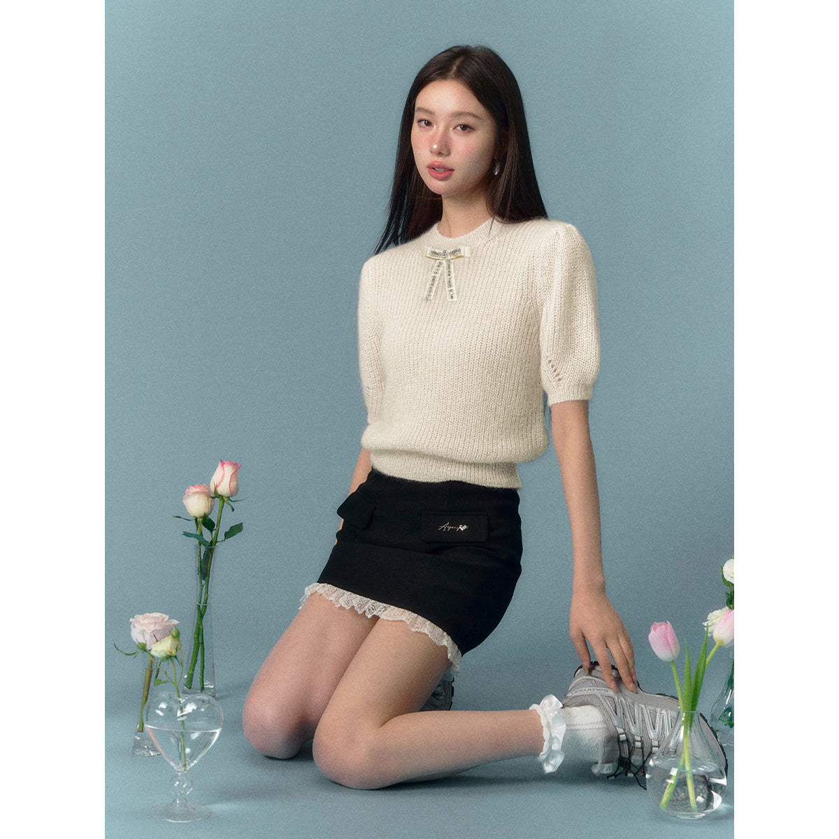 AsGony Bow Knot Short Sleeved Knit Top White