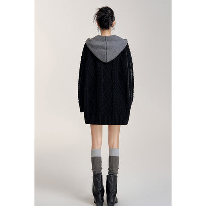 MacyMccoy Fake-2-Piece Hooded Silhouette Knit Cardigan Black