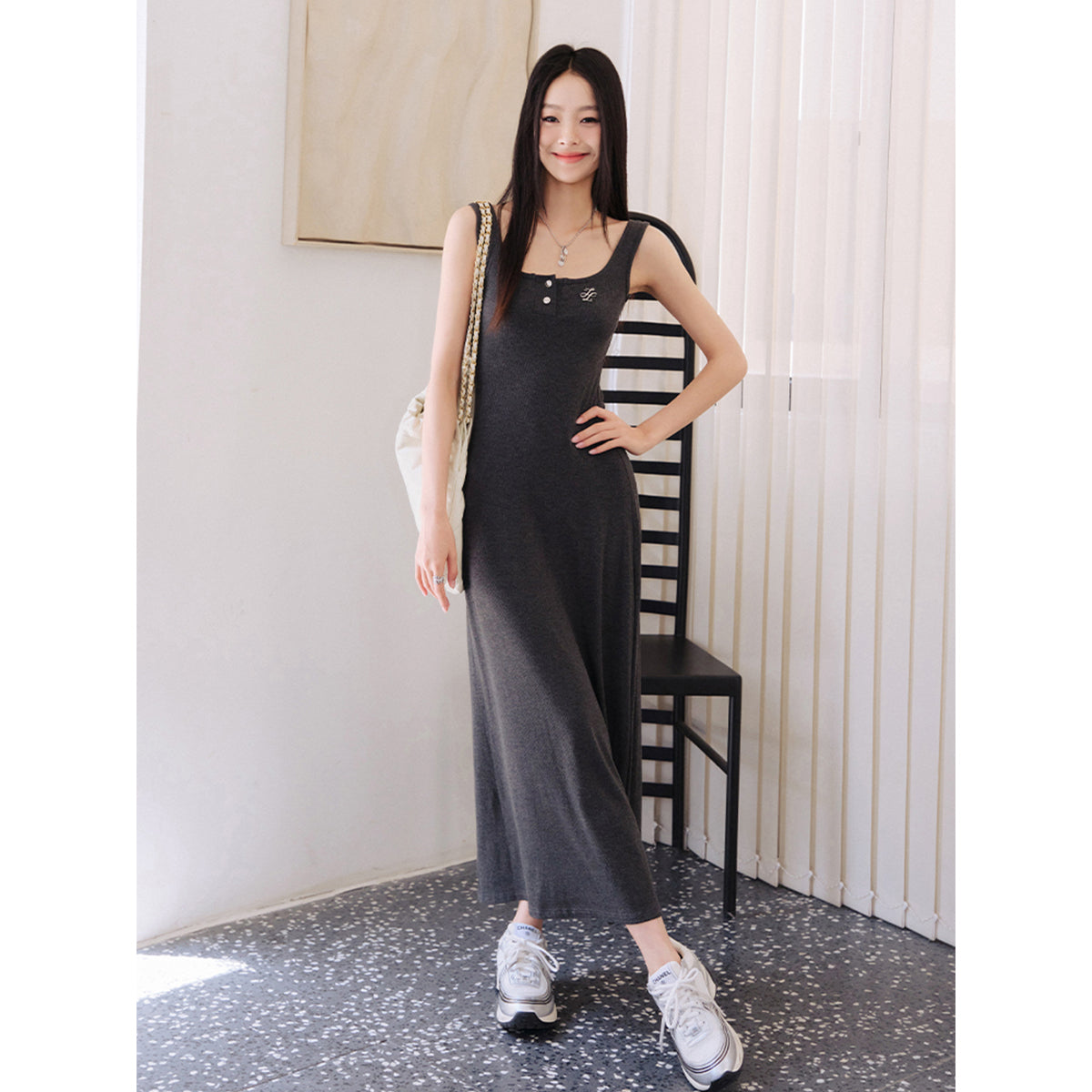 Liilou Classic Square Neck Slim Long Dress Grey