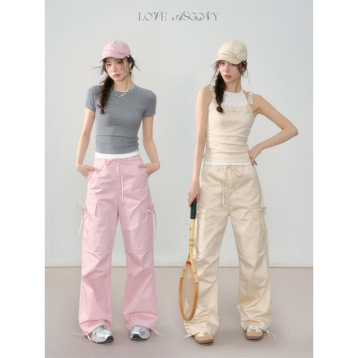 AsGony Thin Loose Straight Wide-Leg Cargo Pants Pink