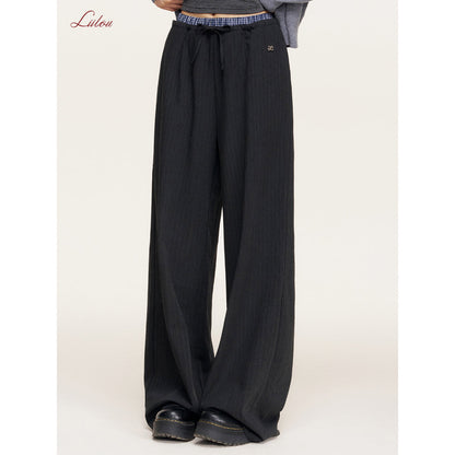 Liilou Plaid Patchwork Drawstring Striped Pants Dark Grey