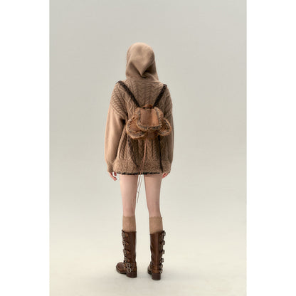 Via Pitti Fuzzy Edge Hooded Twist Knit Zipped Cardigan Brown