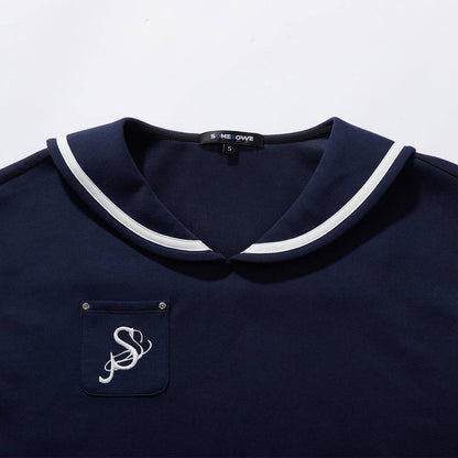 SomeSowe Color Blocked Sailor Collar Top & Shorts Set Navy