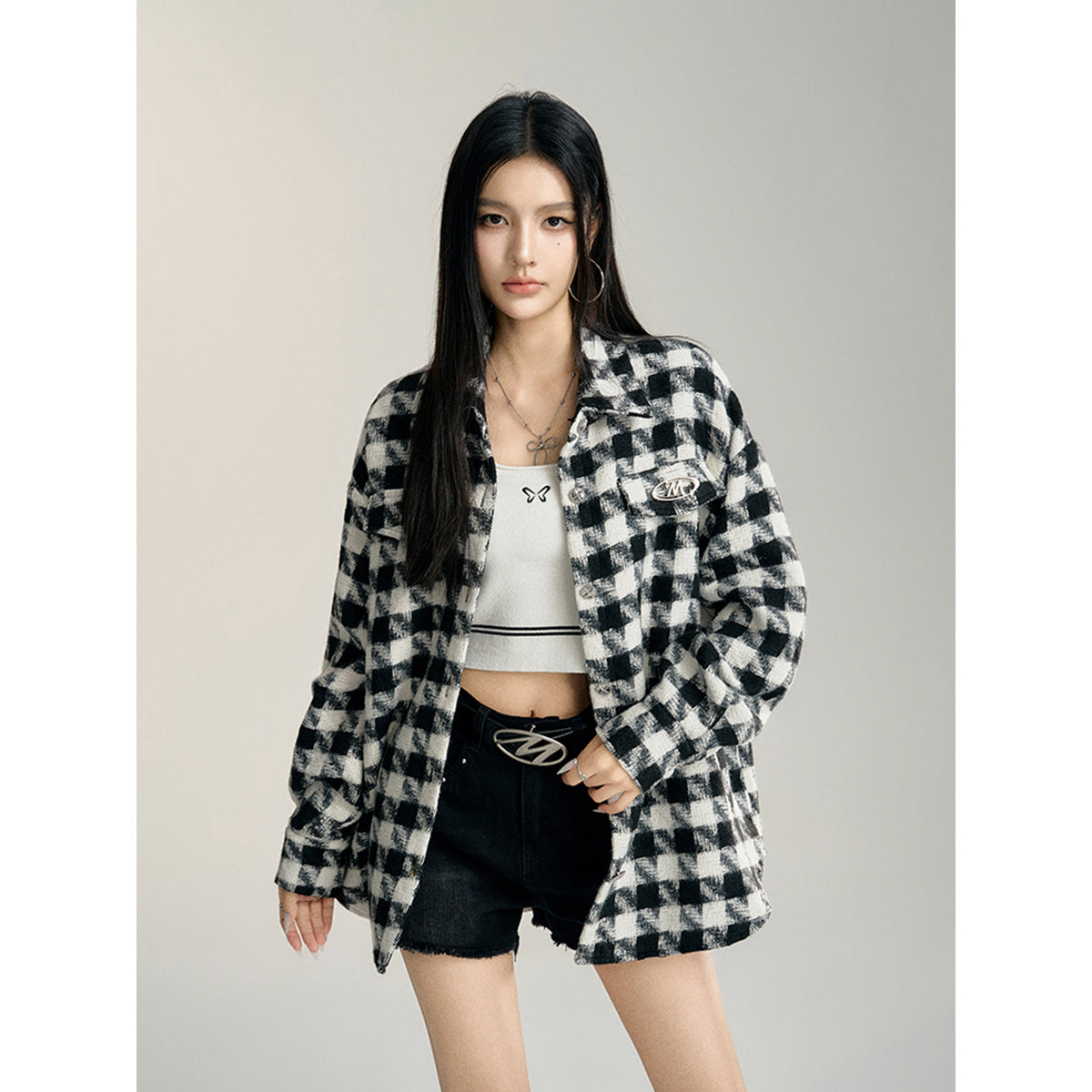 MacyMccoy Plaid Loose Versatile Shirt Jacket Black