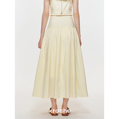 Kroche Bow Wrinkle Lace Edge Long Skirt Yellow