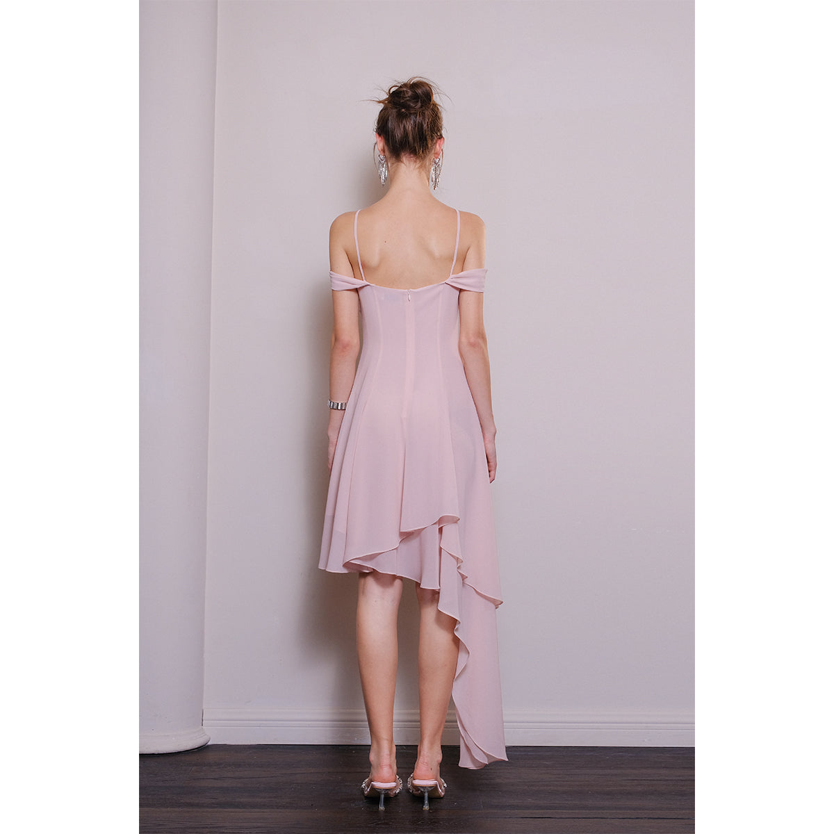 Diana Vevina Asymmetrical Hem Halter Long Dress Pink