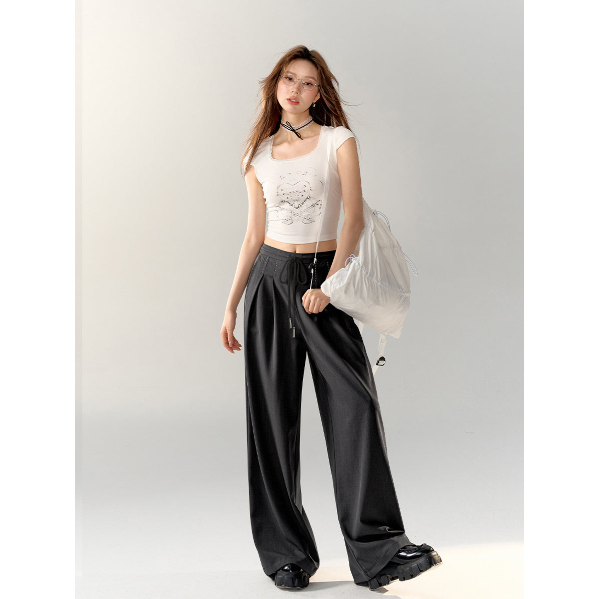 AsGony Stitching Drawstring Wide-Leg Suit Pants Black