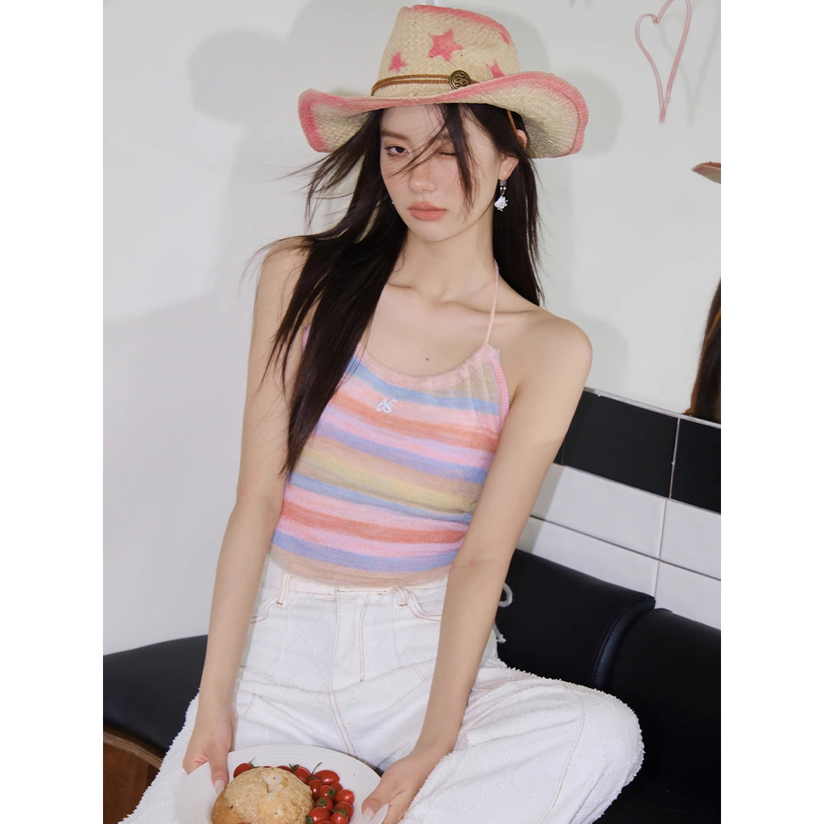 AsGony Colorful Striped Knit Halter Vest