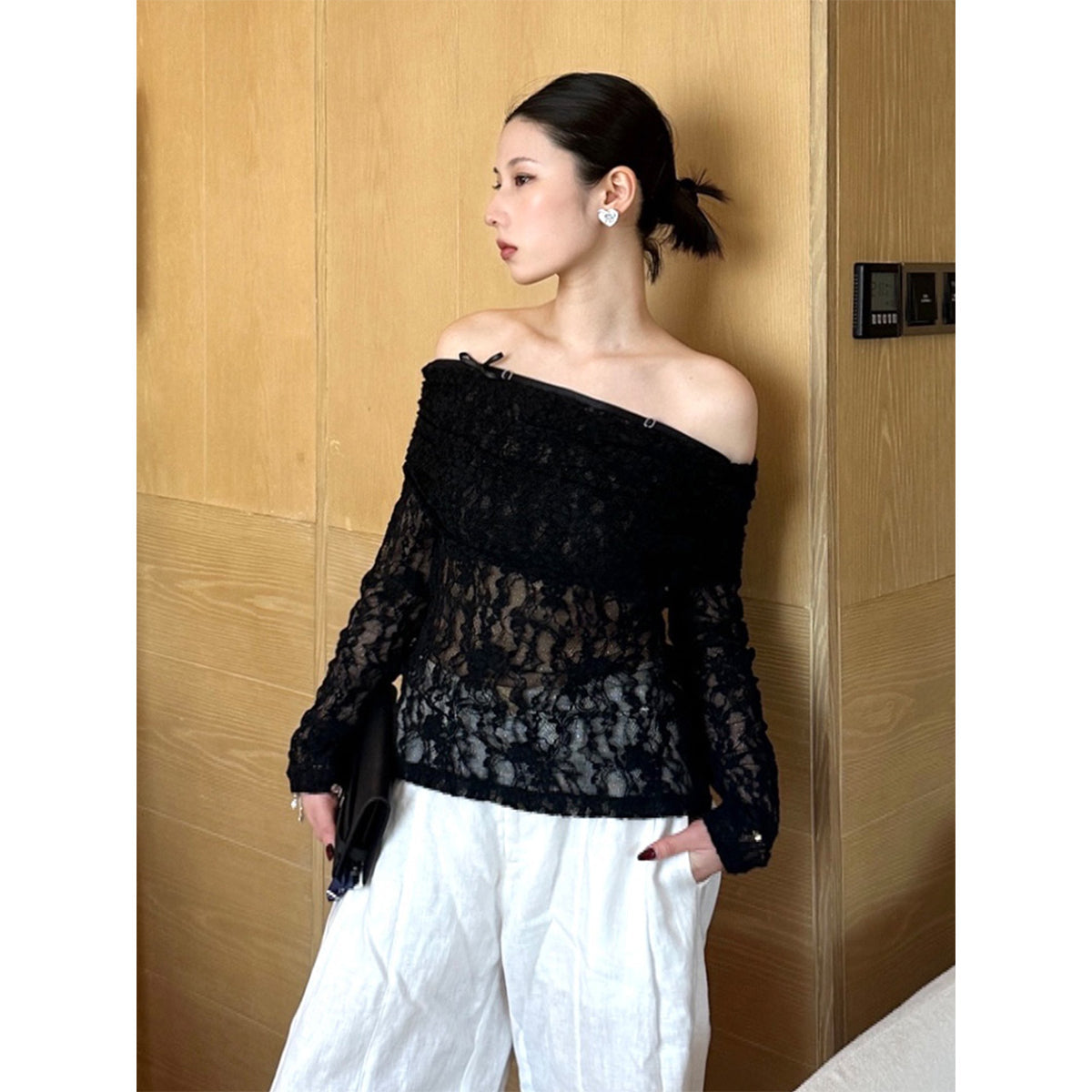 ODTD Off-Shoulder Cutout Lace Top Black