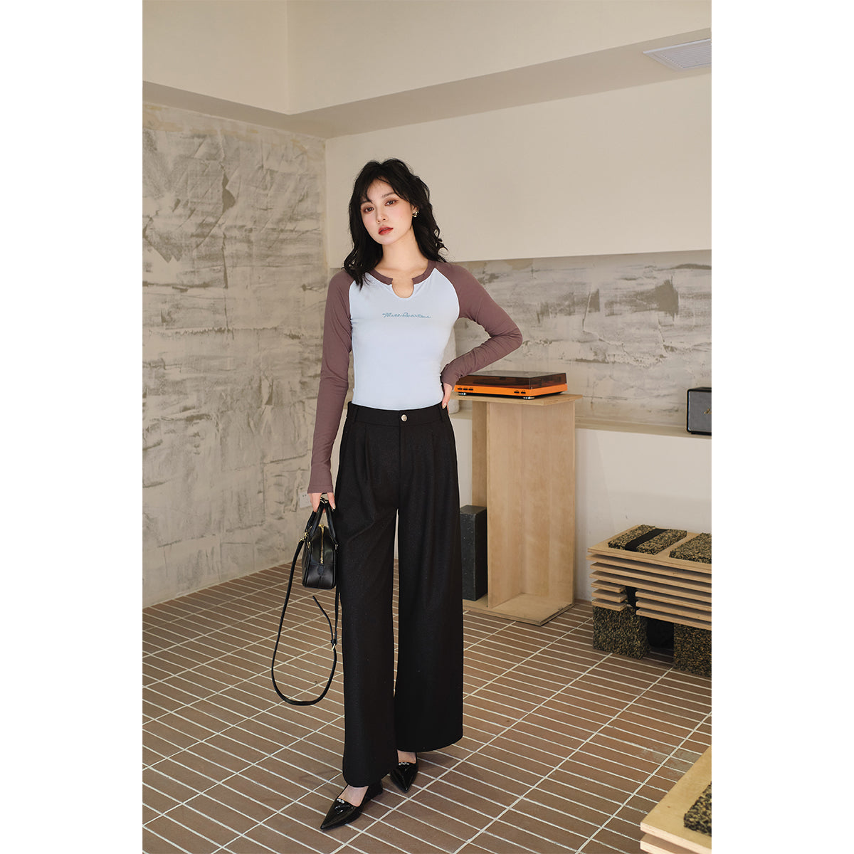 Three Quarters Hollow Cutting Waist Blazer Pants Black