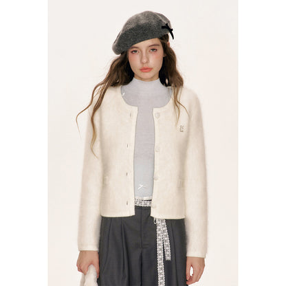 Kroche Blended Rabbit Hair Short Knit Cardigan White