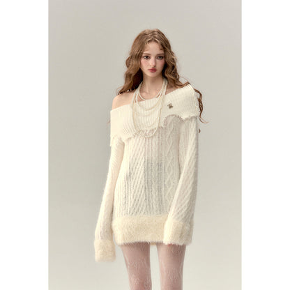 Via Pitti Destroy Cutting Off-Shoulder Knit Sweater Dress White