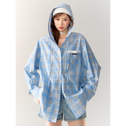 AsGony Plaid Patchwork Hooded Casual Shirt Blue