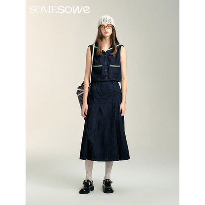 SomeSowe Contrast Color Sailor Collar Denim Top