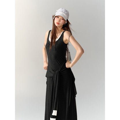 AsGony Fake-2-Piece Strap Knit Vest Long Dress Black