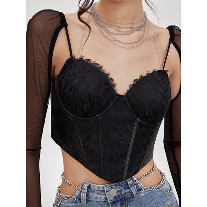 Sheer Luck Lace Patchwork Sling Top Black