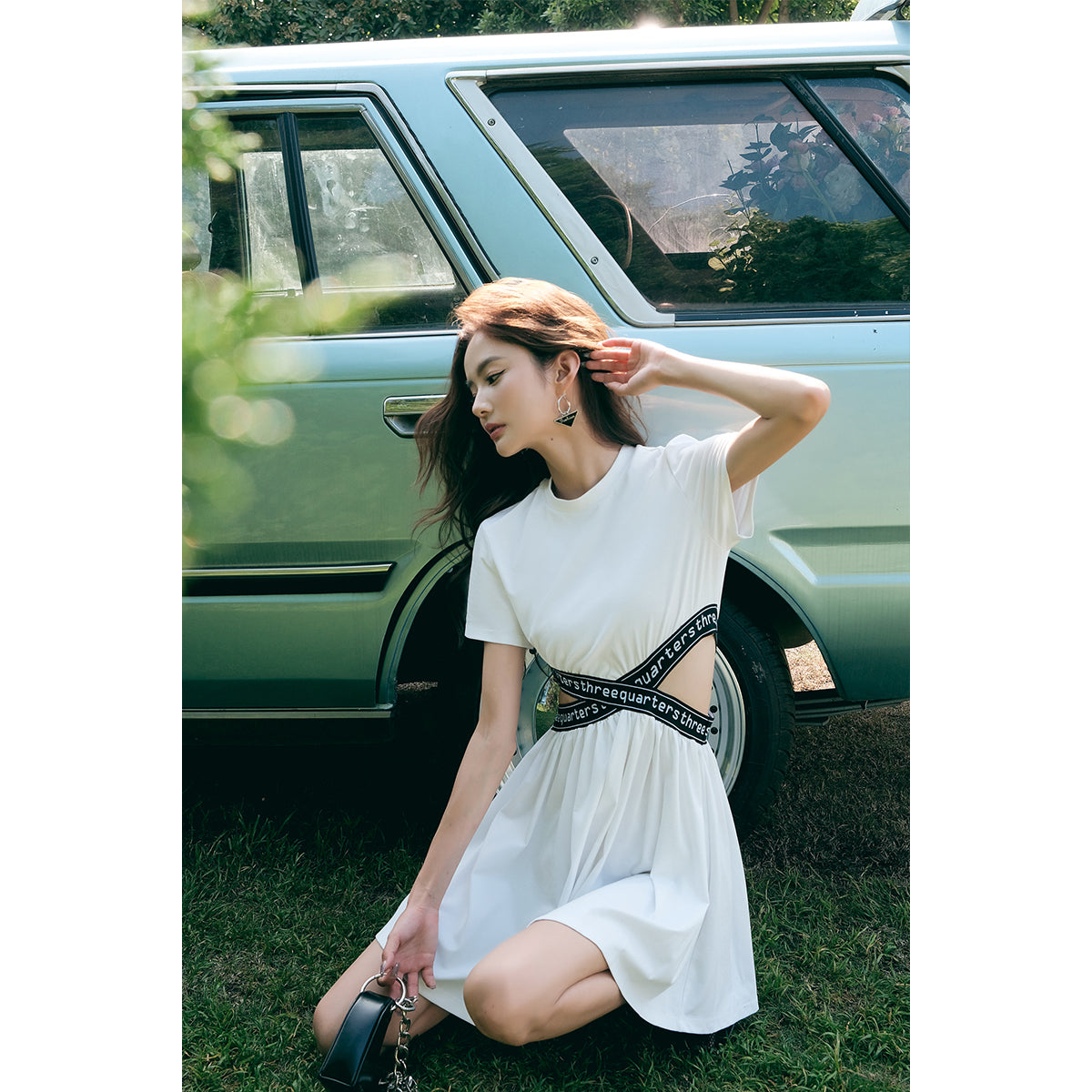 Three Quarters Cross Stretch Logo Belt Dress White