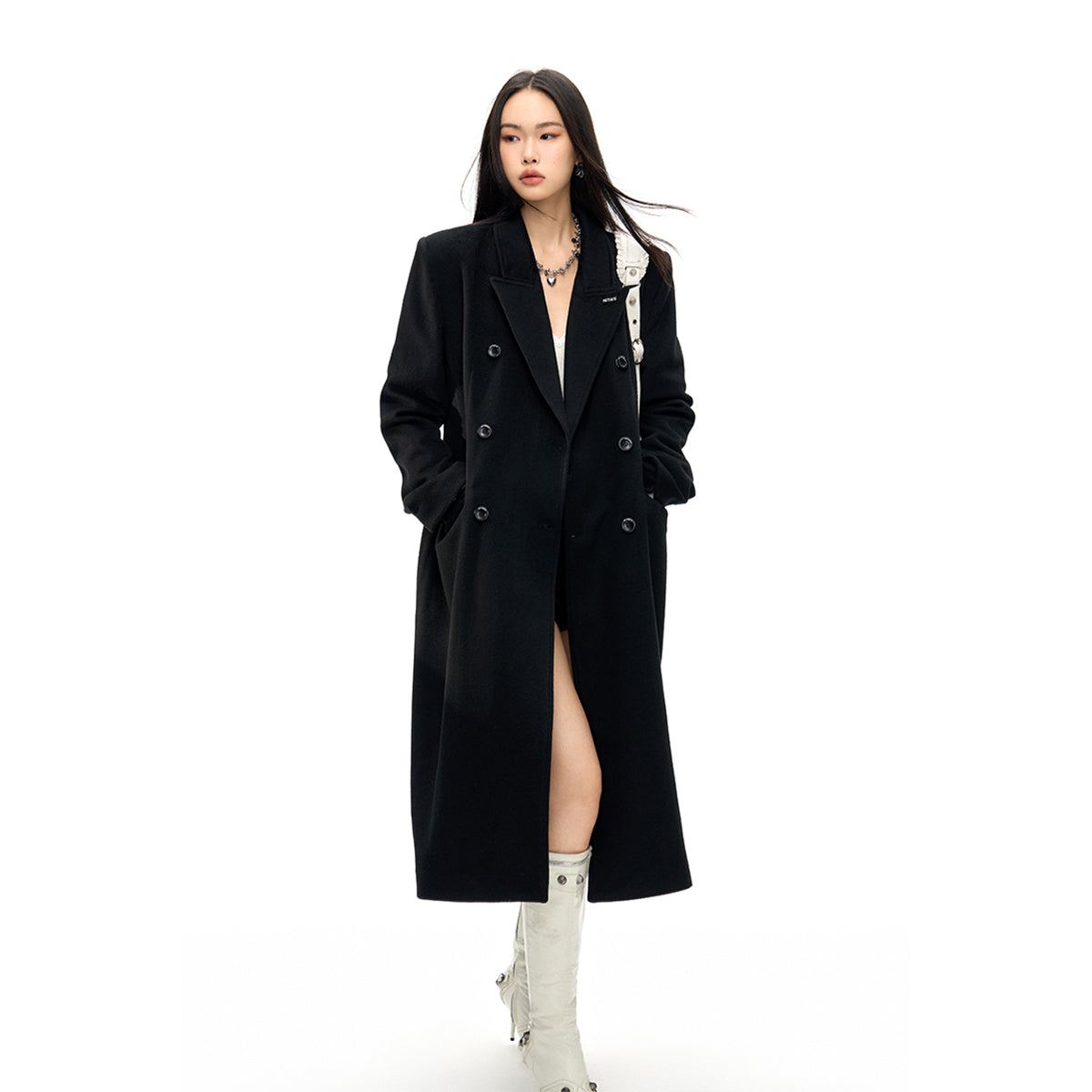 NotAwear Woolen Nipped Waist Oversized Coat Black