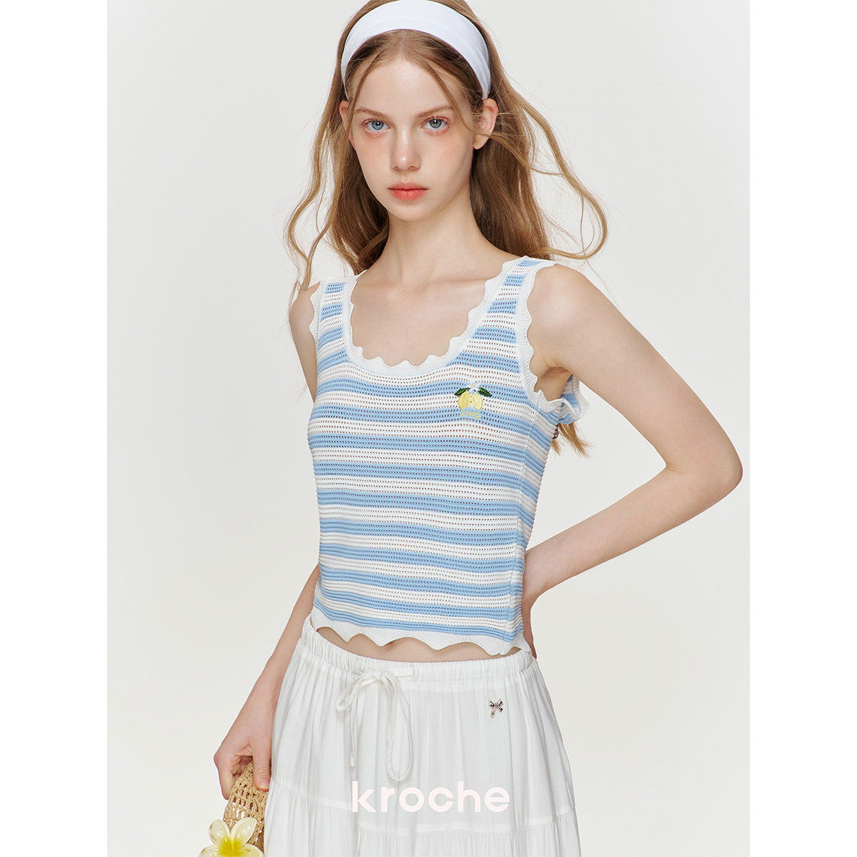 Kroche Hollow Out Striped Embroidered Knit Vest Blue