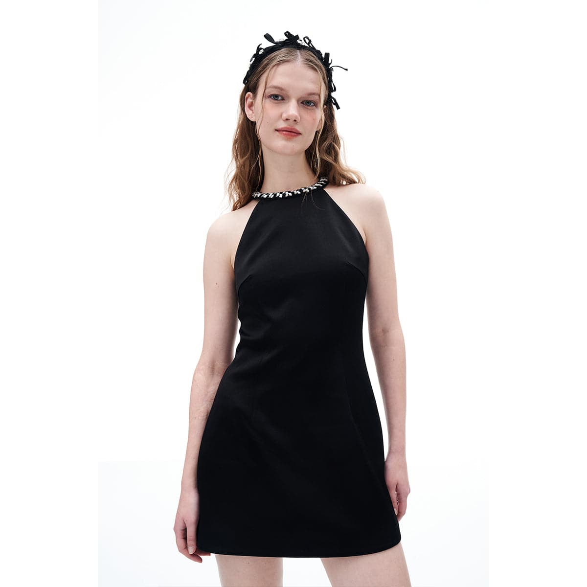 Diana Vevina Sleeveless Rhinestone Halter Dress Black