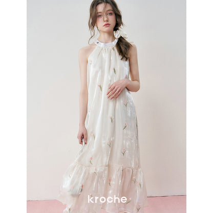 Kroche Tulip Embroidered Organza Halter Dress