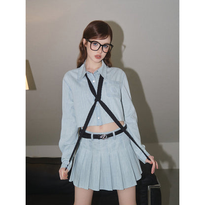 Three Quarters Pleated Denim Skirt Blue