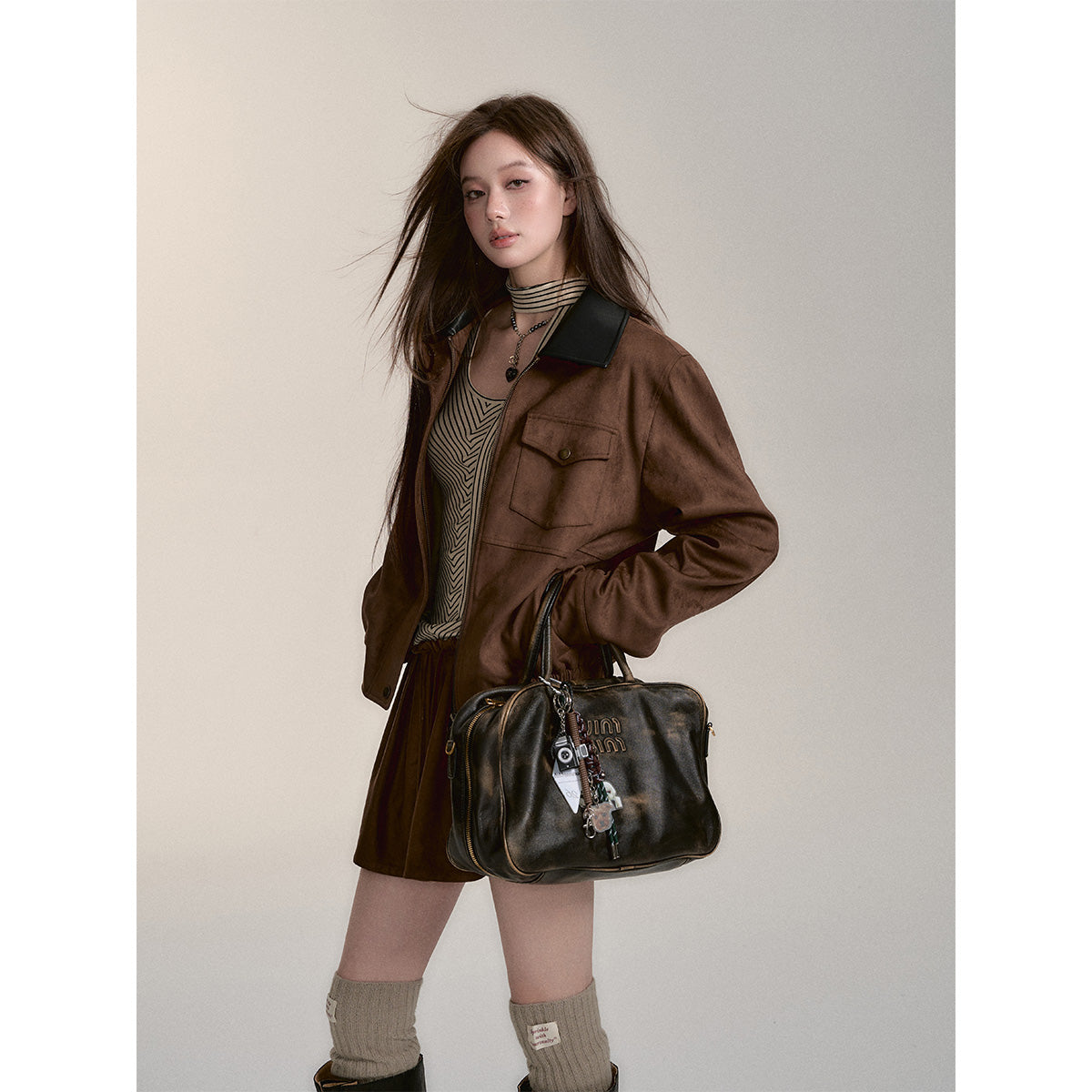 Via Pitti Fake-2-Piece Suede Short Skirt Brown