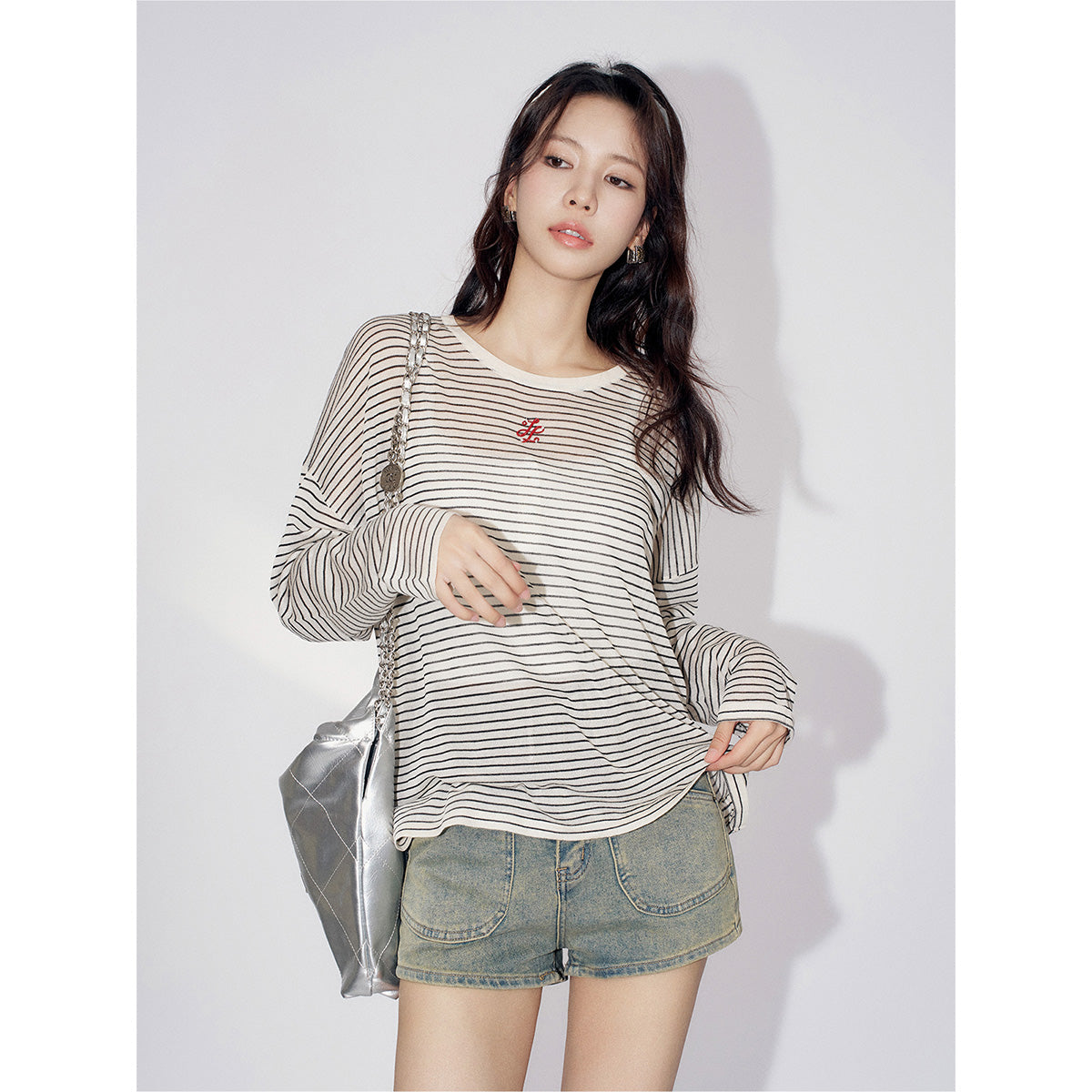 Liilou Embroidery Logo Striped Casual Long Sleeve Top