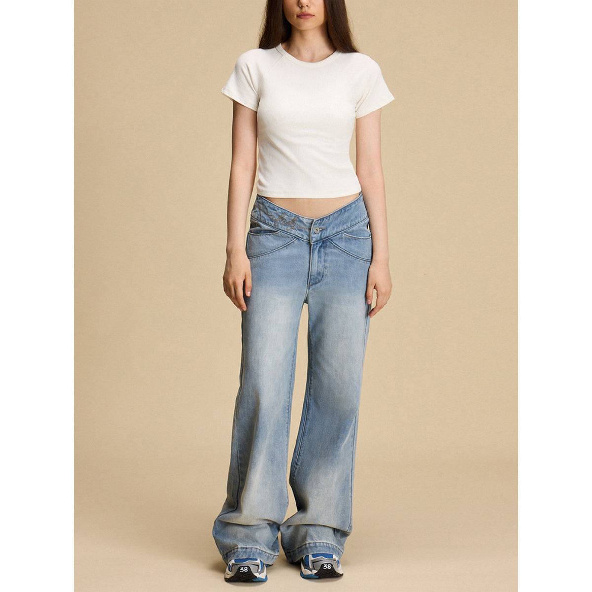 IFIK V-Waist Straight Loose Jeans Light Blue