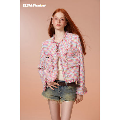 Wildshadow Tassel Colorful Striped Tweed Jacket Pink