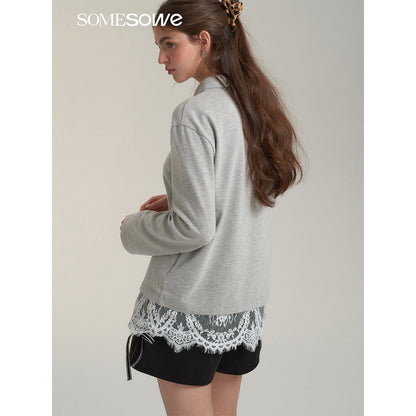 SomeSowe Lace Patchwork Polo Long Sleeve T-Shirt Gray