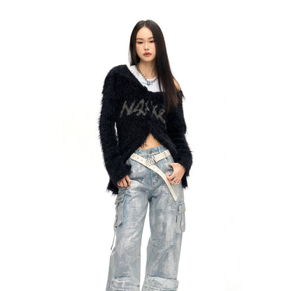 NotAwear Logo Embroidery Faux Mink Sweater Black