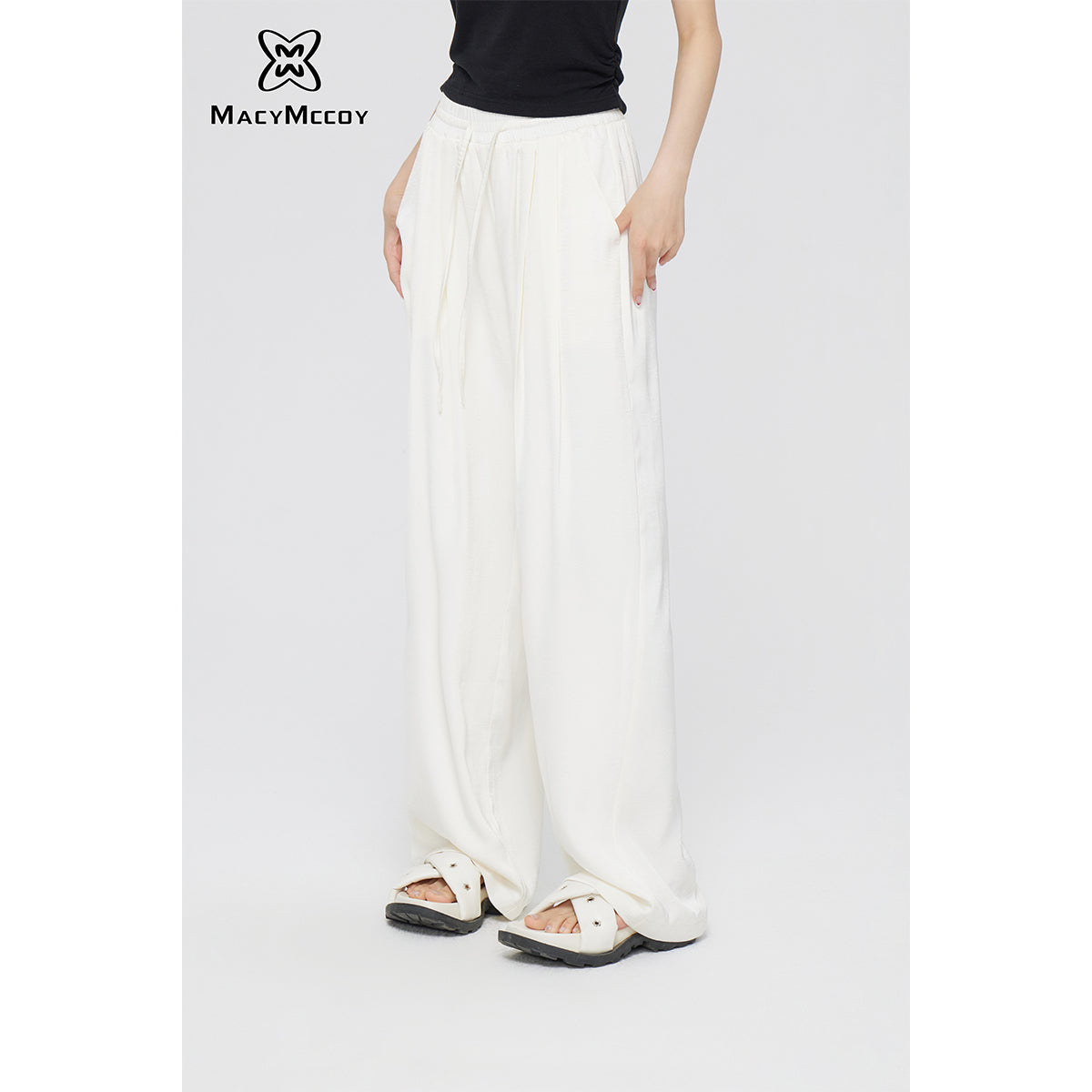 MacyMccoy Ice Silk Drawstring Wide-Leg Pants Off-White