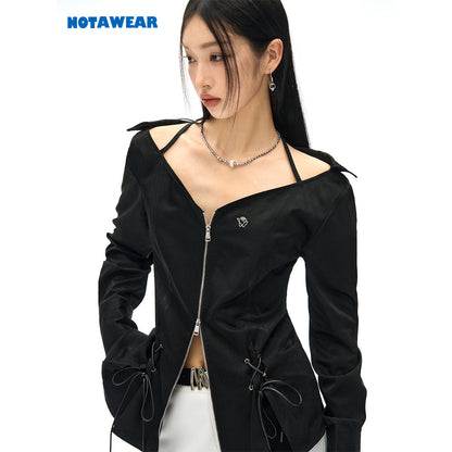 NotAwear Logo Embroidery Drawstring Slim Zipper Shirt Black