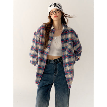 AsGony Retro Raw Edge Distressed Plaid Shirts Blue