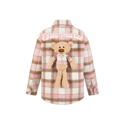 13De Marzo Plush Bear Plaid Furry Shirt Pink