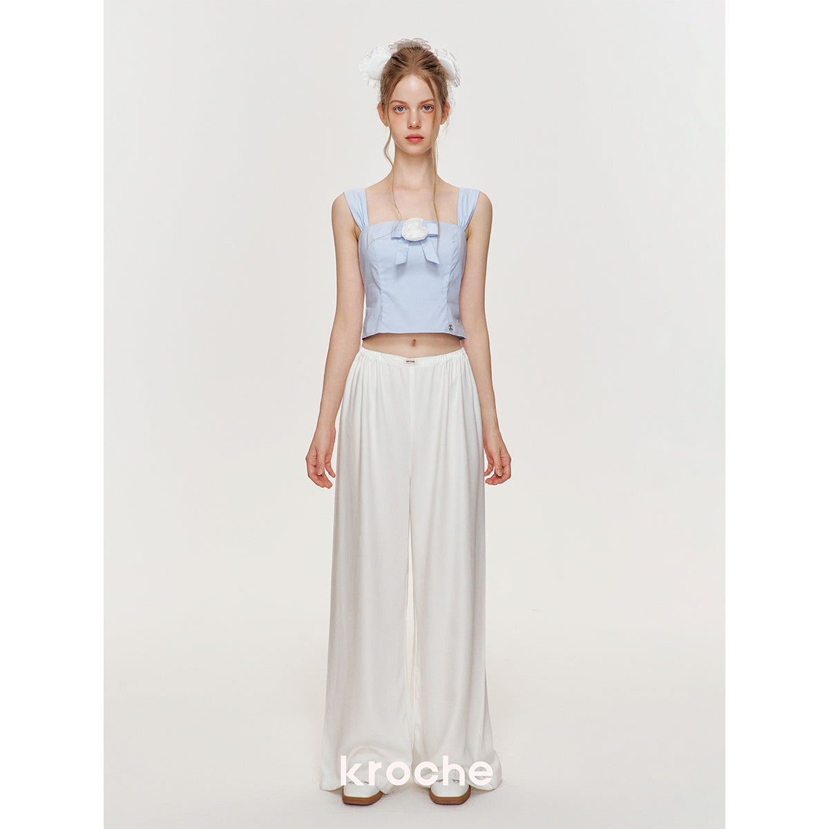 Kroche Silky Elastic-Waist Wide Leg Pants White