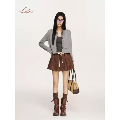 Liilou Chain Embroidery Woolen Knit Cardigan Gray